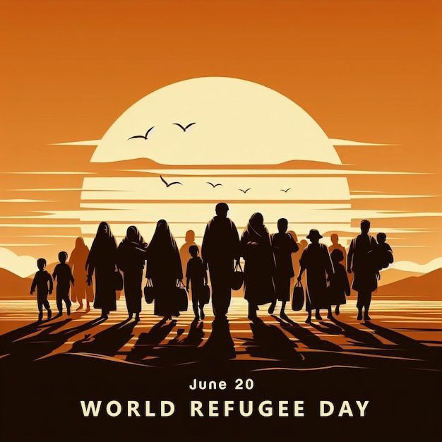 Silhouettes of refugees walking toward a sunset with birds in the sky, commemorating World Refugee Day on June 20.