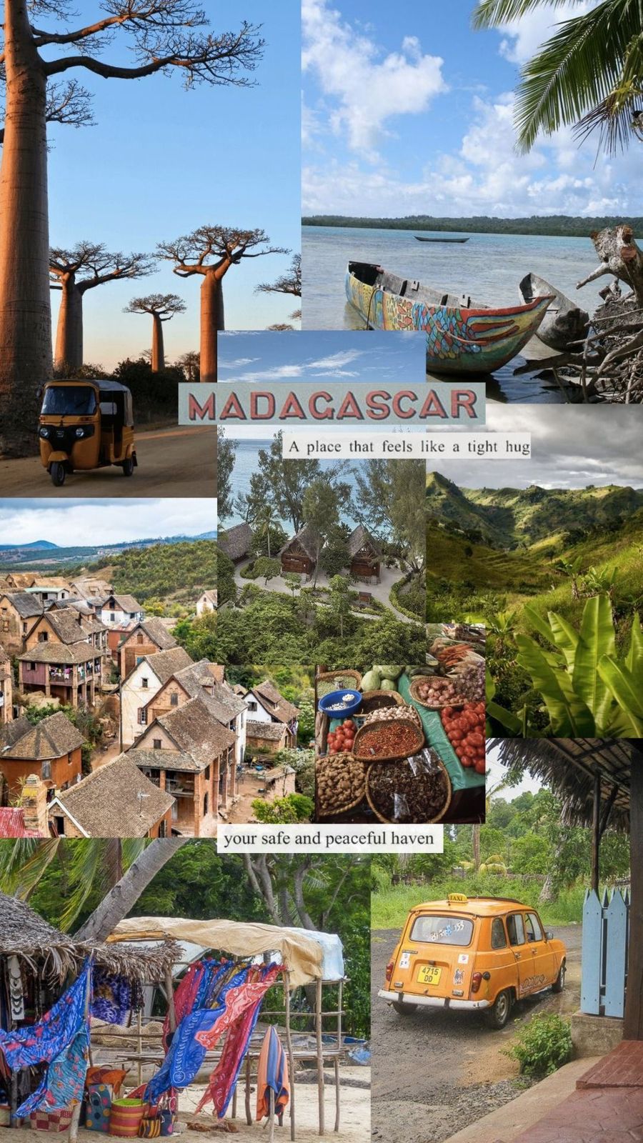 Collage of Madagascar landscapes, villages, baobab trees, local markets, traditional houses, and tropical coastlines with the phrase “A place that feels like a tight hug.”